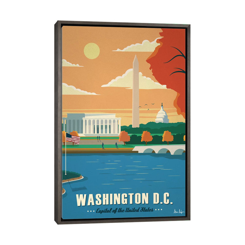 Washington D.C. - impression d'art graphique, H 26 po x l 18 po x 1,5 po, Toile encadrée de bois rustique foncé, Pas de tapis