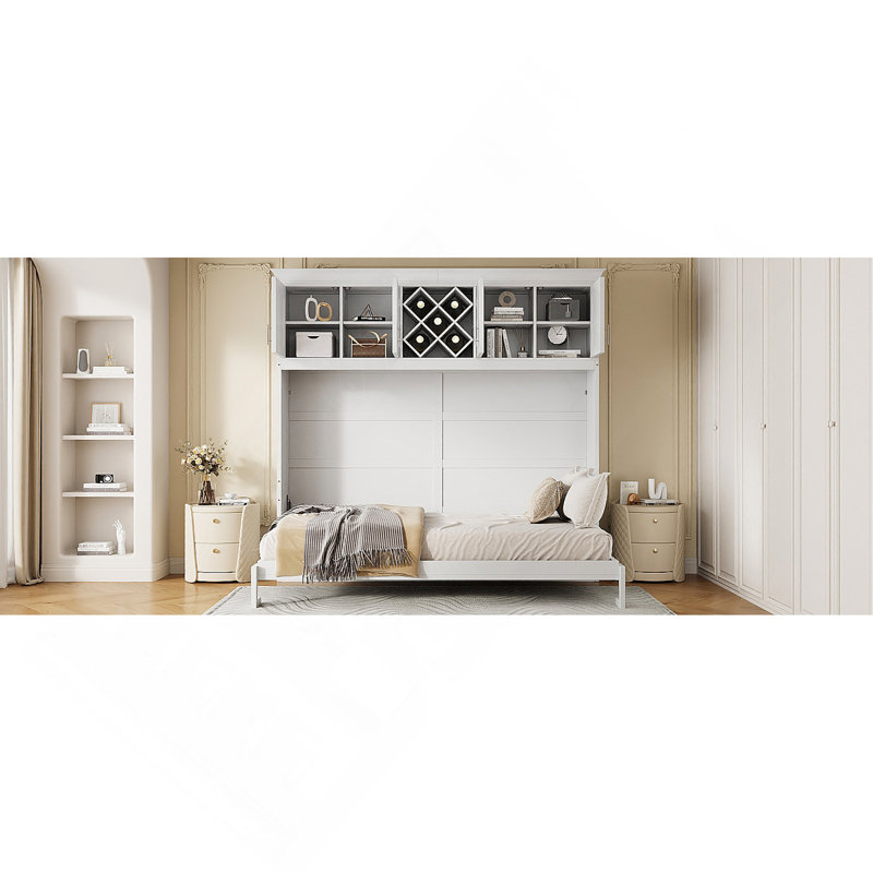 Grand lit escamotable mural avec armoires supérieures et porte-bouteilles, blanc