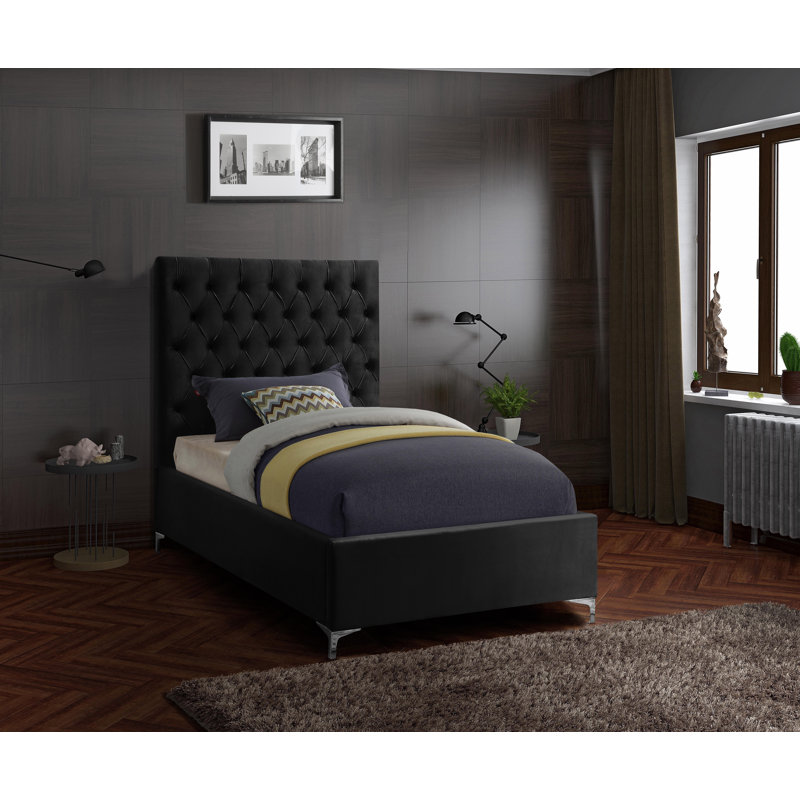 Dermott Upholstered Platform Bed, Black Velvet, Twin