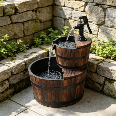 2-Tier Barrel Waterfall Fountain for Garden Patio Deck Backyard