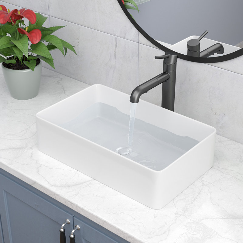 Glossy White Ceramic Rectangular Bathroom Sink