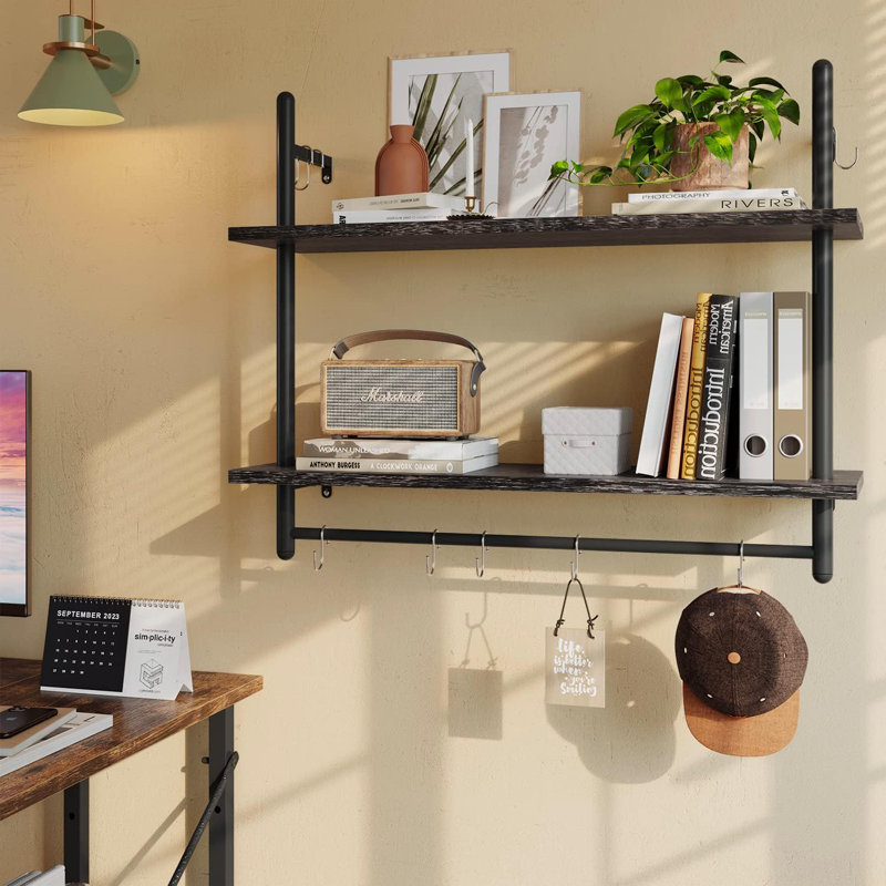 Floating Shelf With Towel Bar And Hooks - Industrial Wall-Mounted Storage Shelf For Kitchen, Bathroom, Living Room - Sturdy Wrought Iron And Particle Board Design