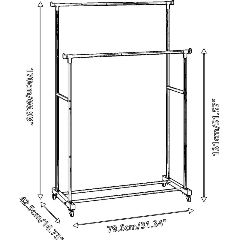 Double Rod Rolling Garment Rack With Storage Shelf, Sturdy Metal Clothes Organizer With Wheels For Bedroom, Living Room, And Apartment