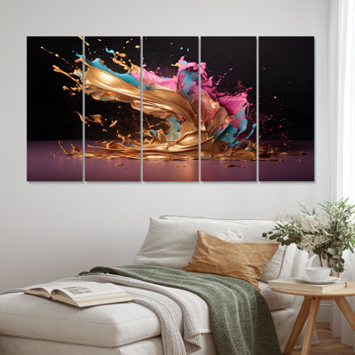 Sudden Joy Abstract Pink And Gold Splash II - Abstract Wall Art Print - 5 Equal Panels