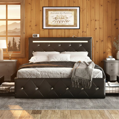 Full Size Bed Frame With 4 Storage Drawers, Led , Adjustable Headboard, And Charging Station - A Luxury Comfortable Bedroom For Modern Stylish Bedrooms Black Functional Furniture