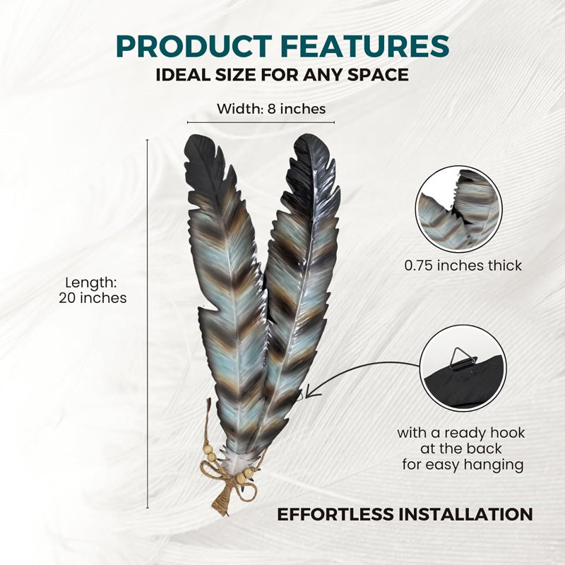 Metal Southwestern Wall Art Rustic Feathers Design 8x20 Inches
