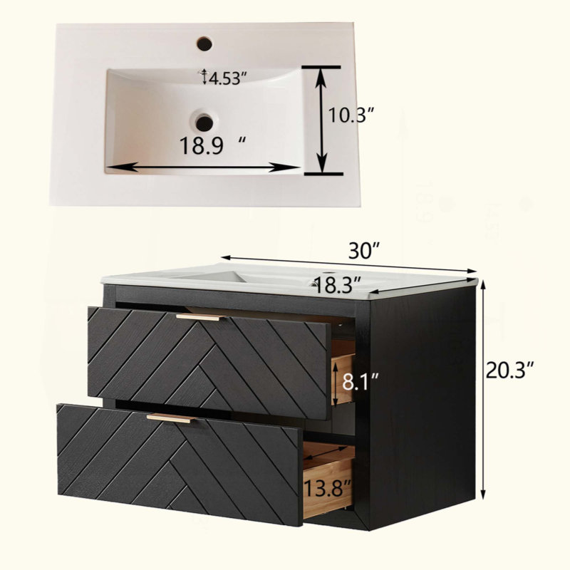 Meuble-lavabo simple mural et flottant avec lavabo en céramique