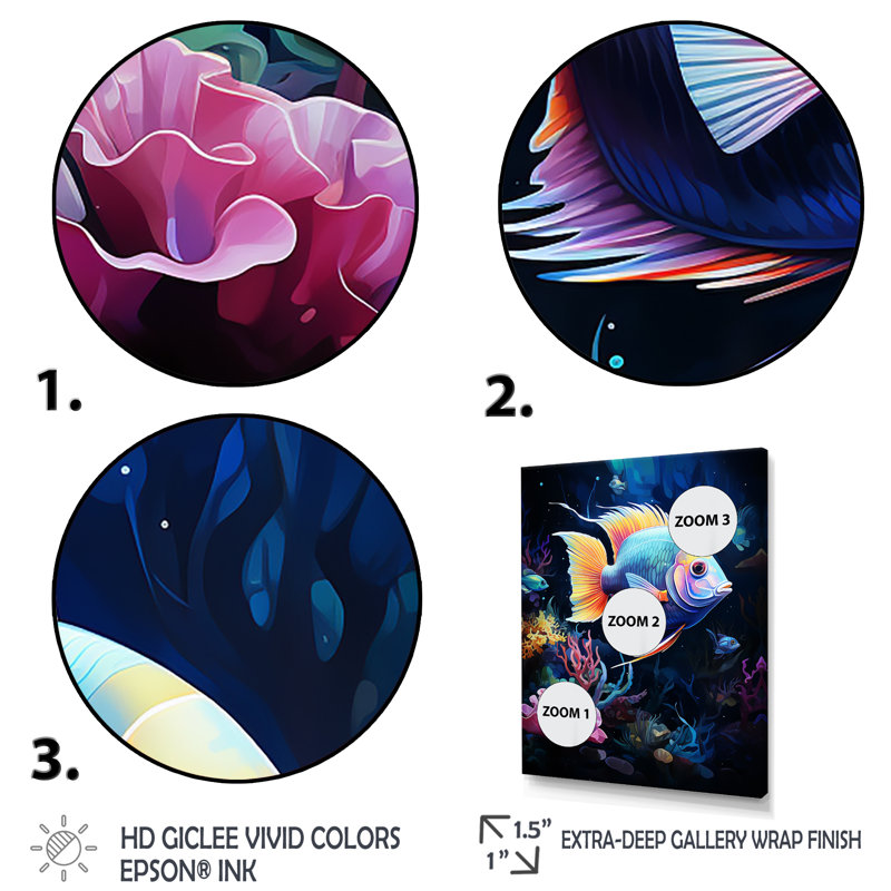 «Yellow and Blue Marine Fish Beauty», art mural corail, Cadre flottant noir, H 20 po x l 12 po
