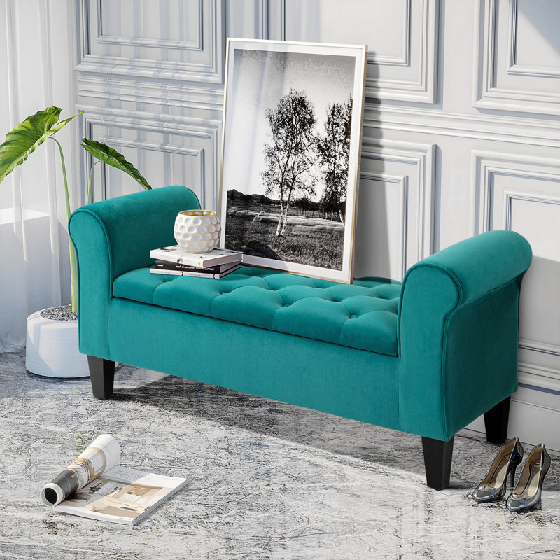 Banc avec repose-pieds capitonné et accoudoirs roulés pour le couloir ou le salon, Vert