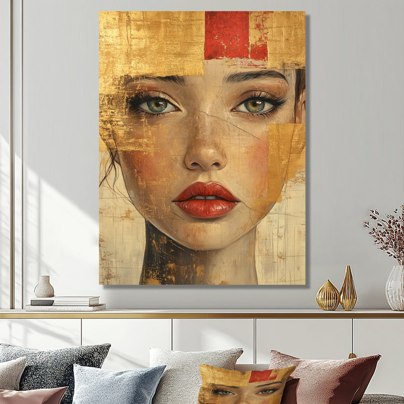 Portrait au regard doré - Décoration murale élégante pour femme, imprimée sur métal, H 20 po x l 12 po
