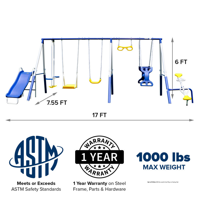 Blue and White Metal Swing Set with Slide and Swings