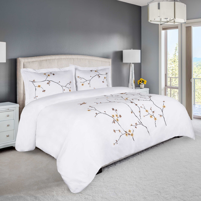 Blossom Embroidered White Cotton Full/Queen Duvet Cover Set