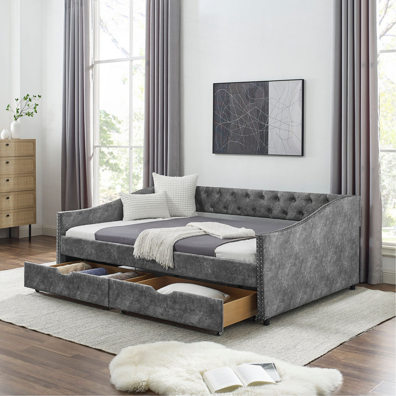 Lit de jour double avec tiroirs, canapé-lit capitonné, avec bouton sur le dos et clou en cuivre sur les accoudoirs ondulés, gris