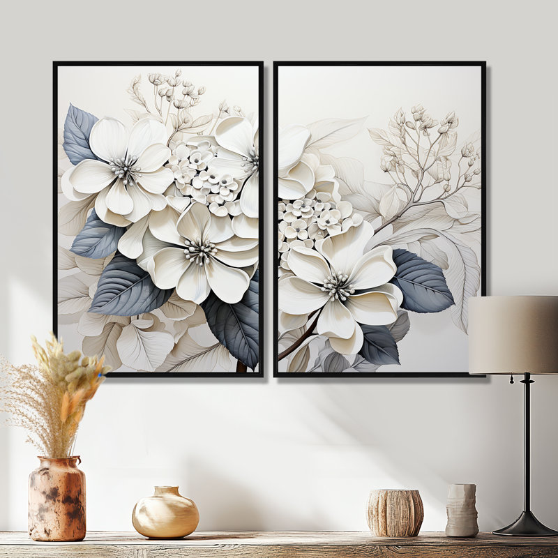 «Grey Minimalisme Hydrangea Delight I», grandes impressions sur toile, Floater Framed Print without Mat, Black, 36" H x 48" W