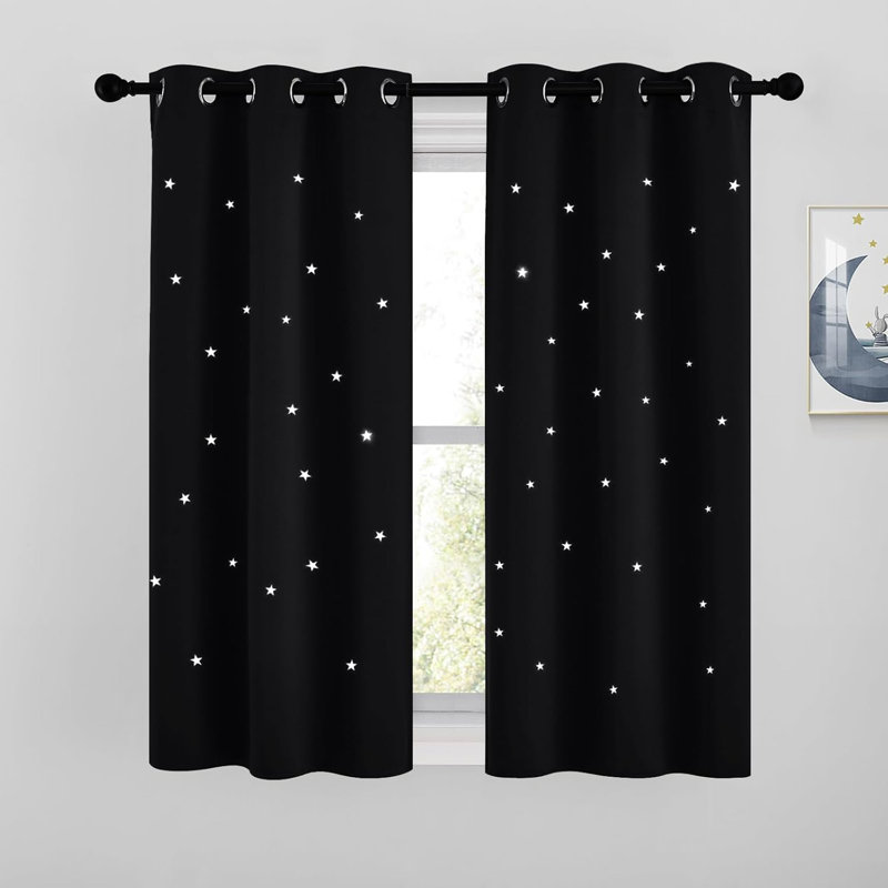 Star Cutout Curtains for Kids' Bedroom, Room Darkening Cute Window Decorative Blackout Curtain Sold as 2 Panels, Black