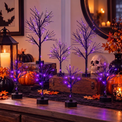 Ensemble de 7 arbres décoratifs pour village d'Halloween avec lumières DEL, en bouleau noir, pour décorer un village d'Halloween, une table ou votre intérieur.