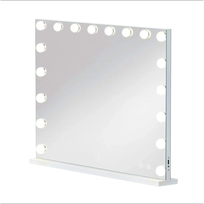 Miroir de salle de bain avec miroir 31,5 po x 22,8 po avec 18 ampoules à intensité variable pour le maquillage, table / haut-parleur suspendu Bluetooth avec écran tactile et port de charge USB