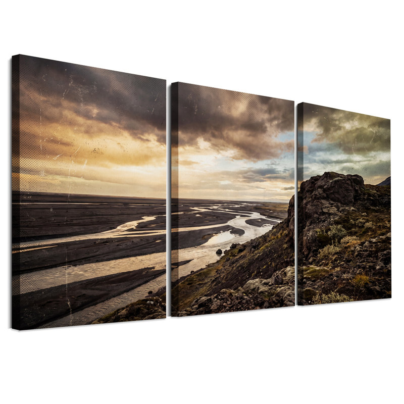 Ensemble de 3 toiles murales à la texture grunge représentant une rivière sinueuse et une colline rocheuse