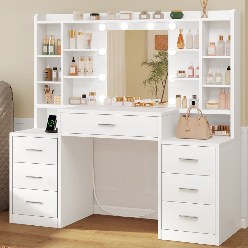Dressing Table with Mirror, 10 LED Lights, 3 Light Modes with 6 Brightness Levels, Vanity with 7 Drawers and 8 Storage Shelves, Vanity Table with Power Socket, Modern White