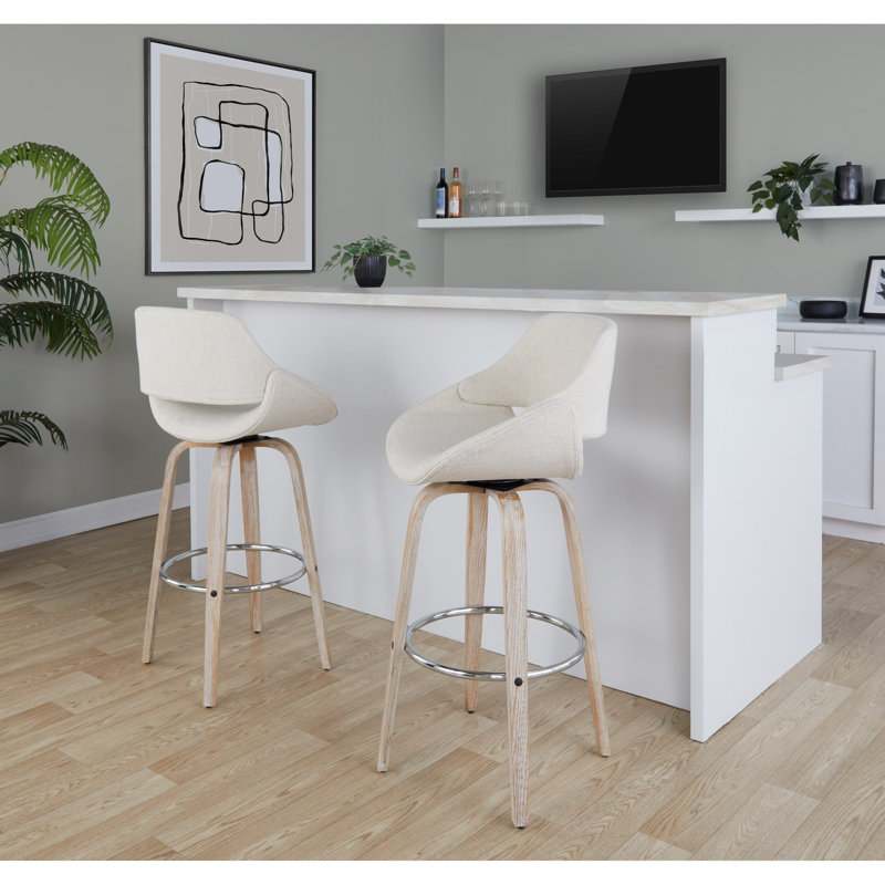 Tabouret de bar Mid-Century moderne à hauteur fixe avec pivot, Beige Seat/Natural/Black Frame