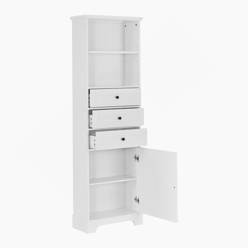 Armoire de salle de bain autoportante Anegada, armoire de rangement haute avec 3 tiroirs et tablettes réglables, Blanc