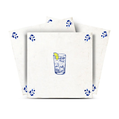 Tuile mosaïque autocollante en vinyle bleu vintage 8 po x 8 po avec coins fleuris, motif limonade.