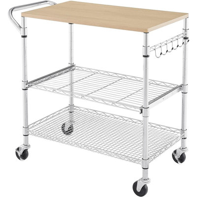 Chariot de cuisine roulant avec plateau en bois, tablette de rangement, crochets et roulettes