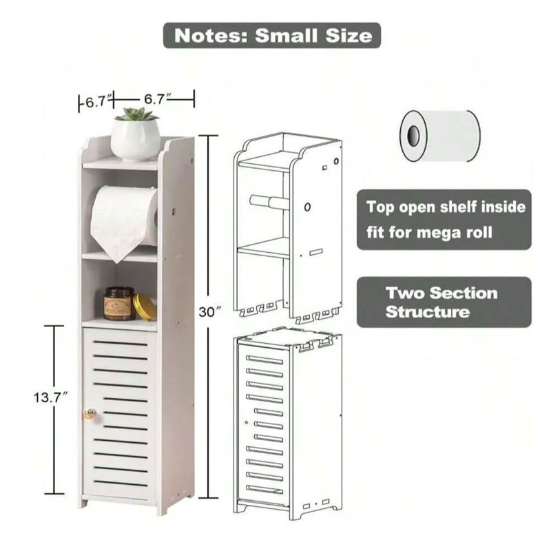 Space-saving Bathroom Cabinet: Toilet Side Storage With Roll Holder & Shelves For Small Bathrooms, White