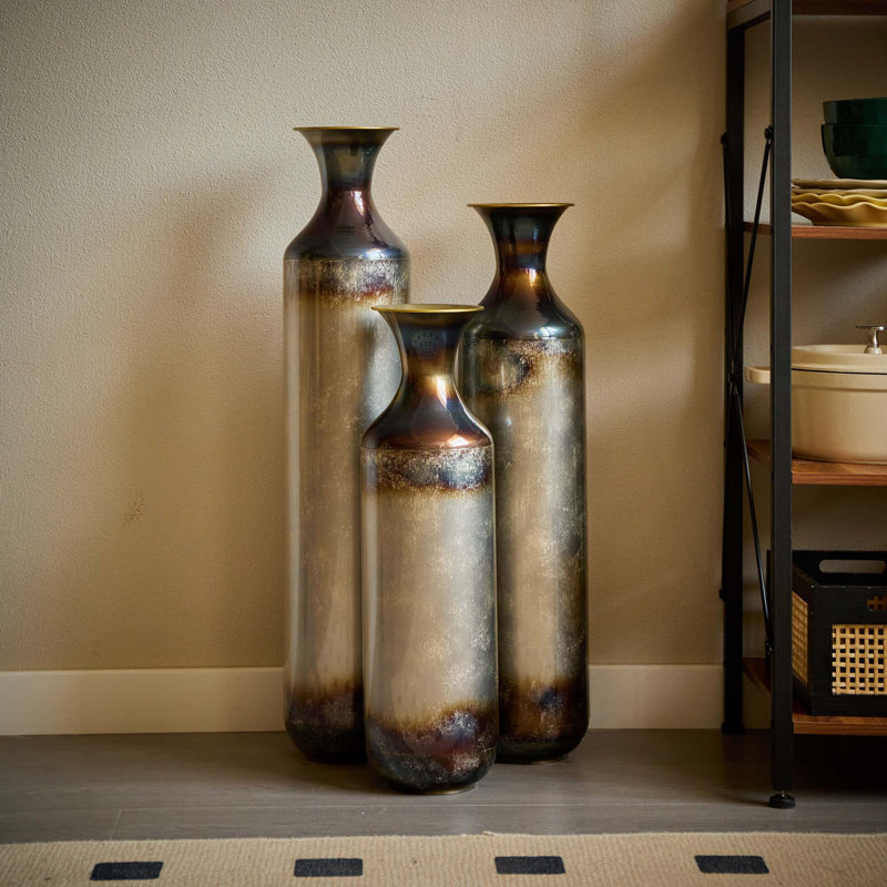 (Set Of 3) Handcrafted Torch-Fired Metal Vases For Home Decor, Versatile Rustic Flower Vases For Living Room Farmhouse Display