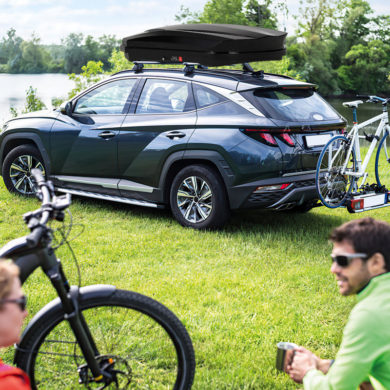 Hard Shell Roof Top Cargo Carrier, 12.4 Cu.Ft Waterproof Car Roof Storage Box with Security Keys, Dual-Sided Opening, Tool-Free Installation, with 2 Reinforced Straps and 2 Keys for Car, Wagon, SUV