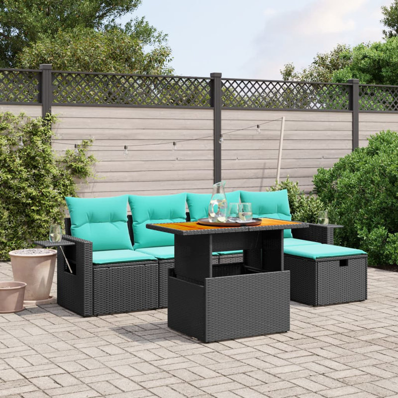  Ensemble de canapé de patio 6 pièces avec coussins en rotin de polyester, Noir, Vert