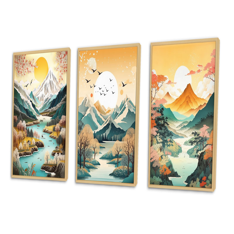 «Snow Covered Mountain Peaks», 3 pièces sur toile, H 32 po x l 48 po, Cadre naturel flottant