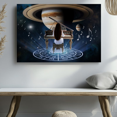 Canvas In A Cosmic Setting A Translucent Figure Of A Woman Wall Art Plays An Ornate Grand Piano Her Silhouette Shimmering With Canvas Wall Art