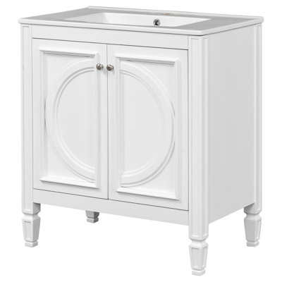 Meuble-lavabo de 30 po avec lavabo, attrait rétro, tablette de porte blanche et tiroir fonctionnel, lavabo en céramique massif, fabrication, bois véritable