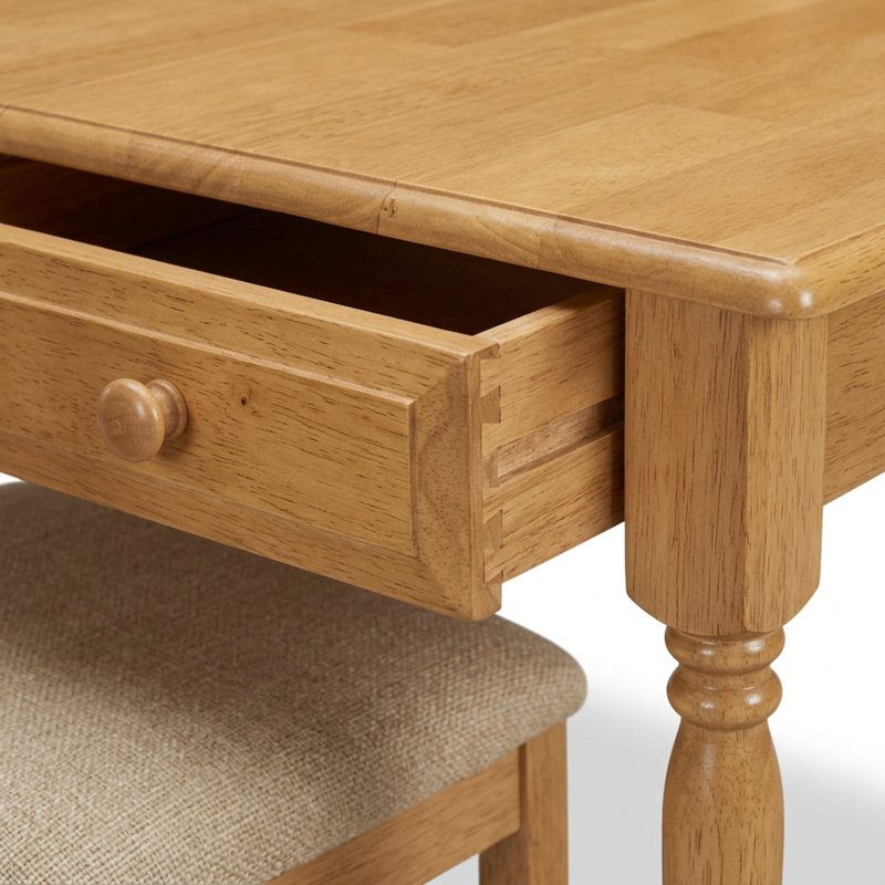 Ensemble de table de salle à manger en bois de chêne massif avec 2 tiroirs rabattables de 9 pouces et 2 sièges en tissu de lin blanc