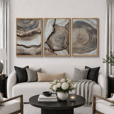 Natural Wood Tree Rings Rustic Organic Artwork, Farmhouse Nature Pattern Pictures, Framed Canvas Giclee Print 3 Pieces Wall Art