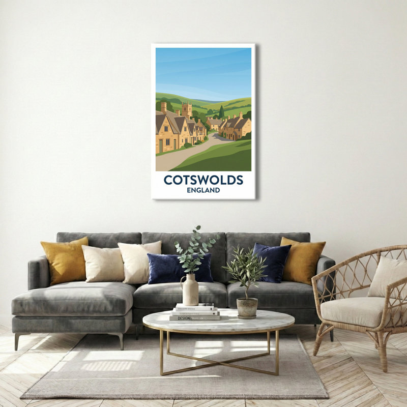 Cotswolds, England - Romantic Travel Poster Of Honeyed Villages And Rolling Hills. Giclée Print On Wrapped Canvas. Wall Art, Home Decor - Regions & Scenic Areas, England - Wrapped Canvas Print