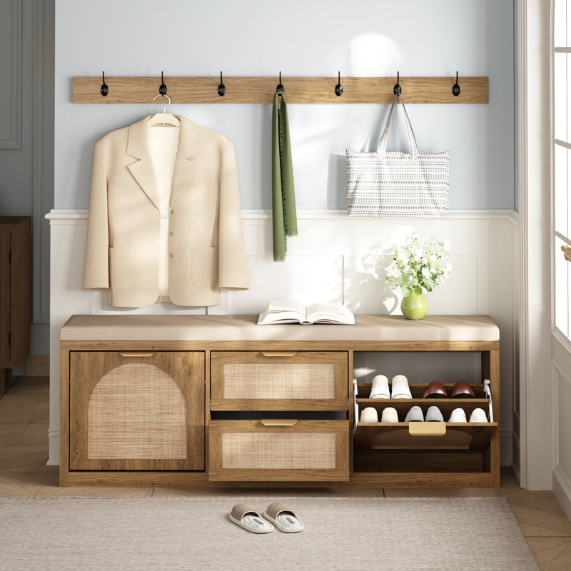 Anteus Storage Shoe Bench With Coat Rack Shoe Cabinet With Seat Cushion, Natural Wood