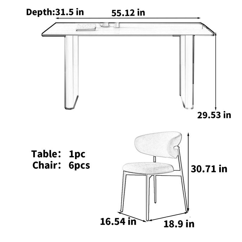 Table de salle à manger italienne de style rétro minimaliste italien, H 29,53 po x L 55,12 po x l 31,5 po