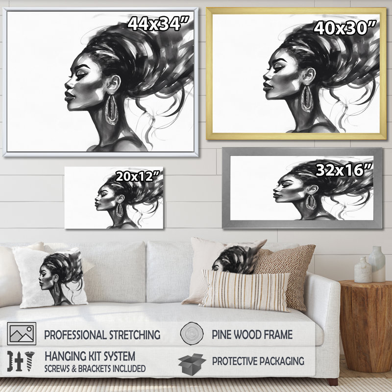 Femme afro-américaine Pierce V sur toile, H 34 po x l 44 po x P 1,5 po, Cadre flottant noir