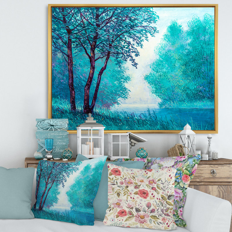 «Blue Colored Tree Impression III», peinture sur toile, H 30 po x l 40 po x 1,5 po, Cadre flottant doré