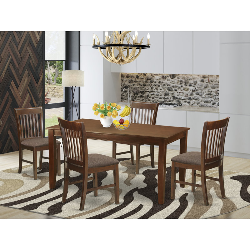 5 Piece Dinette Set for 4 Includes a Rectangle Dining Room Table and 4 Linen Fabric Upholstered Dining Chairs, Mahogany