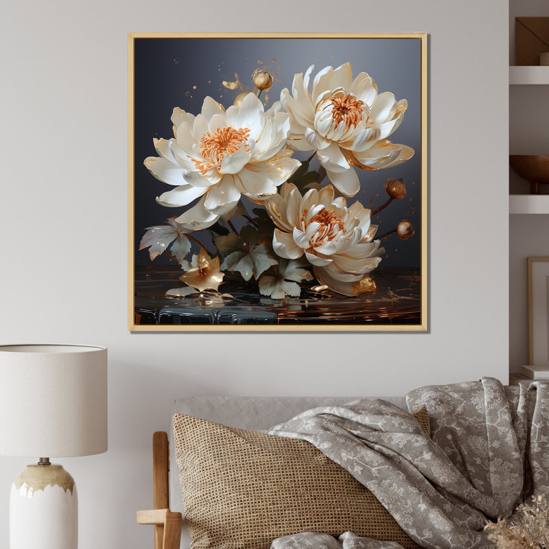 Gilded Tranquility Lotus I, reproduction d'art sur toile, H 24 po x l 24 po x P 1 po, Cadre naturel flottant