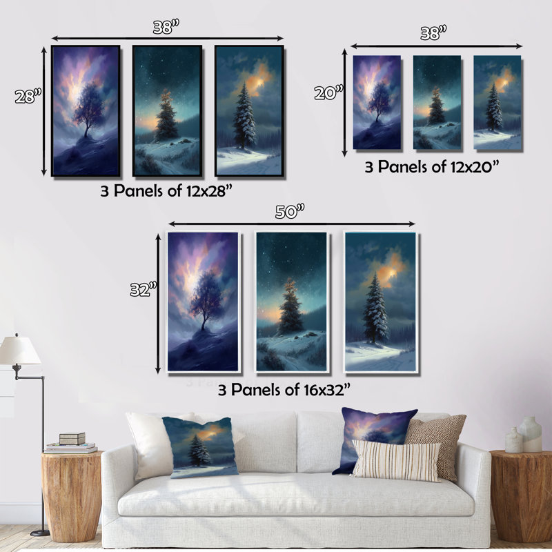 «Snowy Serenity Pinetree», 3 pièces sur toile, H 32 po x l 48 po, Cadre flottant noir