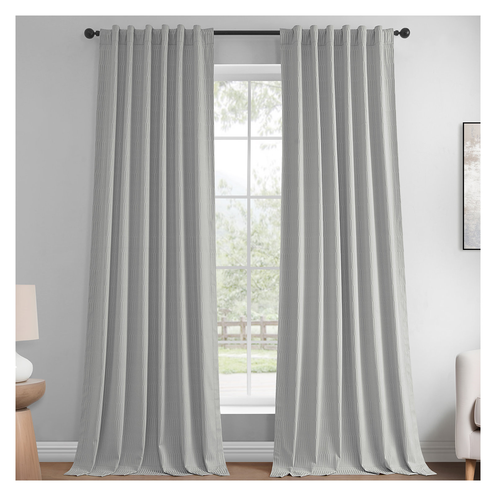 Akieba Lines Velvet Room Darkening Curtains, Silver, 50" W x 108" L