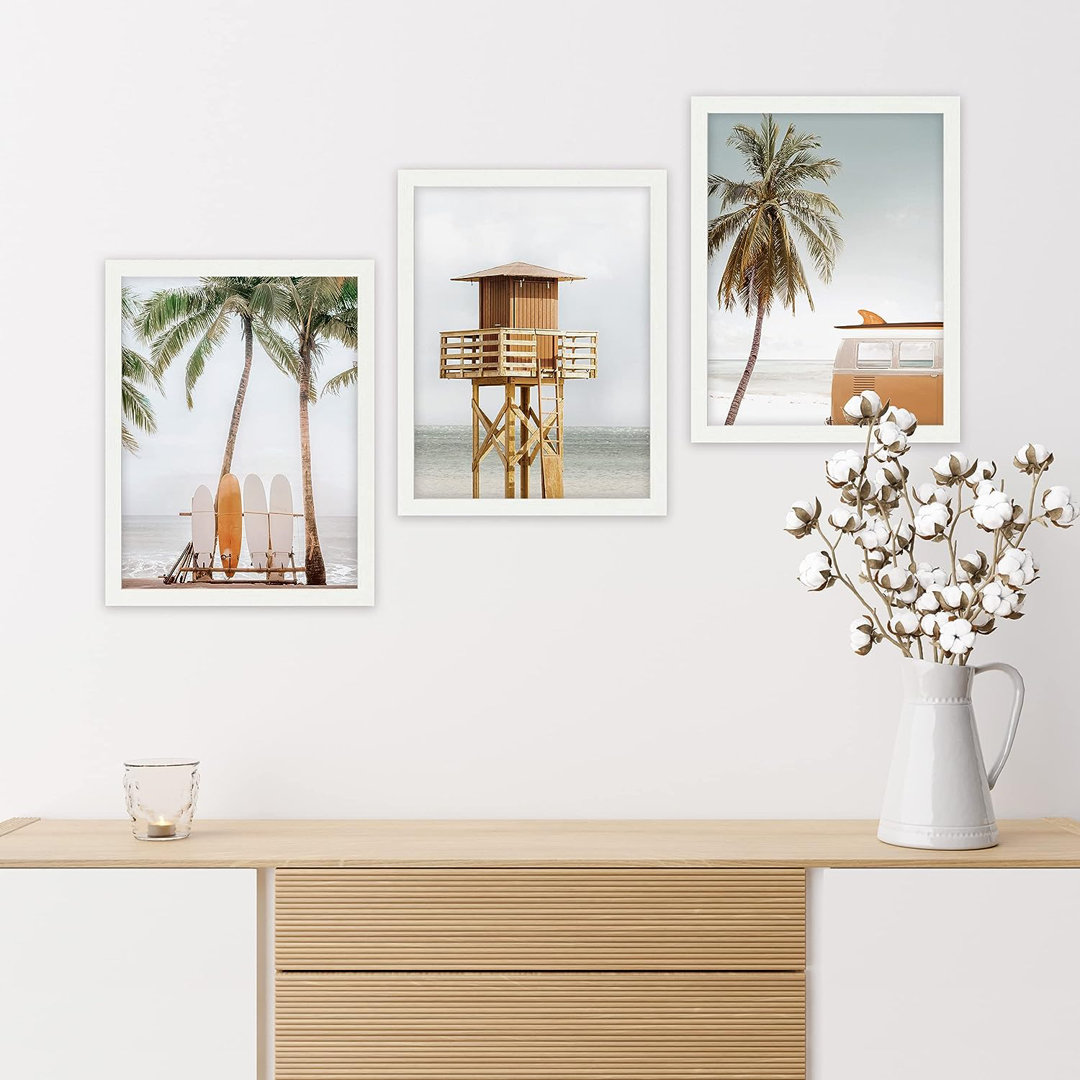 Coastal Beach " IDEA4WALL Framed Poster Bathroom Decor Wall Art Room Decor Multicolor For Living Room, Bedroom, Office California Beach Palm Tree Ocean Lifeguard Tower Wilderness Nature " 3 - Pieces IDEA4WALL Frame 