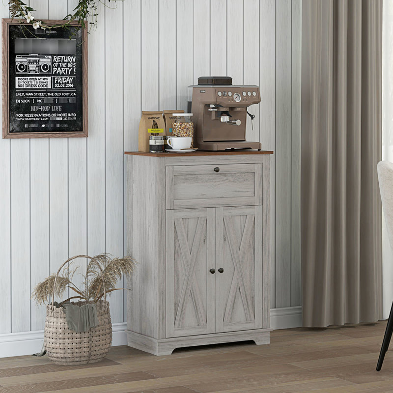 Buffet gris avec porte de grange, portes doubles, tiroir et tablette réglable. Pour la chambre à coucher, le salon. Pourboires. Tablette latérale de 23,5 po x 11,75 po