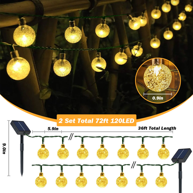 36ft 60-Bulb Outdoor Solar String Lights with 8 Modes Auto On/Off , Waterproof, 2700K Warm White