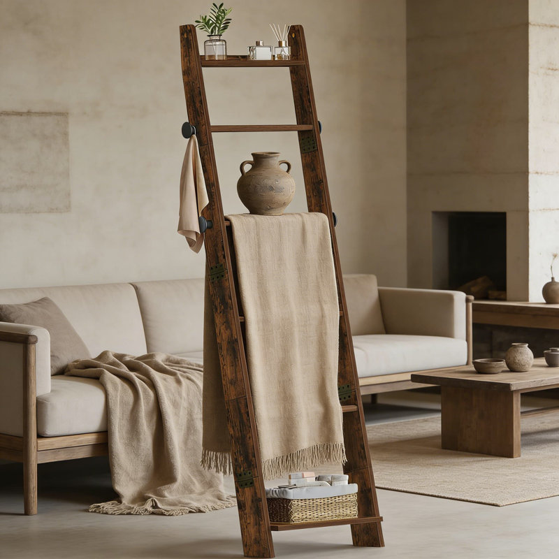 Échelle de couverture rustique avec tablettes et crochets, étagère décorative à 6 niveaux pour couvertures, serviettes et rangement, support de rangement mural de style maison de campagne