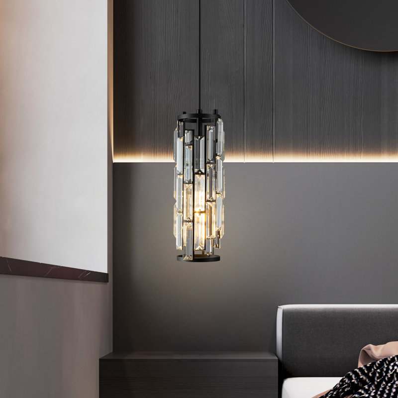 Taveyon Crystal Cylinder Pendant Lights Kitchen Island, Matte Black, 1 Light